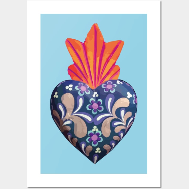 Mexican folk art sacred heart Oaxacan wood carving hand painted flower milagrito blue bold decoration Wall Art by T-Mex